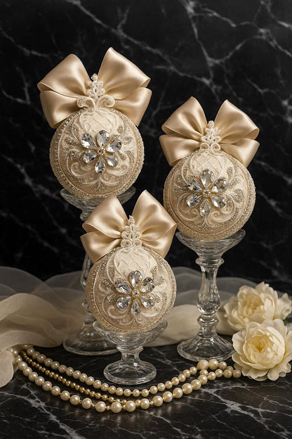 Handmade Beige Christmas Ornament: Rhinestone Holiday Decor