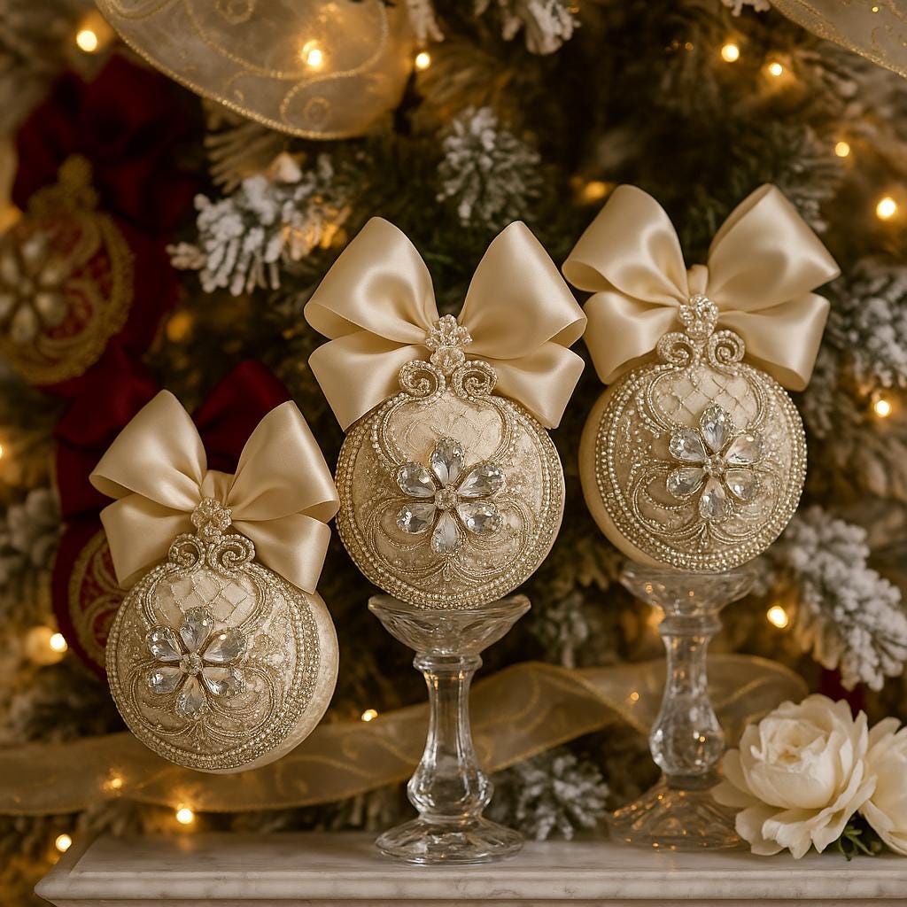 Handmade Beige Christmas Ornament: Rhinestone Holiday Decor