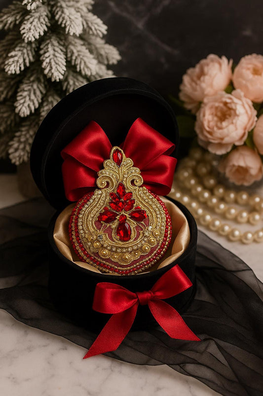 Handmade Red Velvet Christmas Ornament: Elegant Gold Rhinestone Bauble