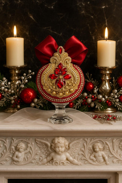 Handmade Red Velvet Christmas Ornament: Elegant Gold Rhinestone Bauble