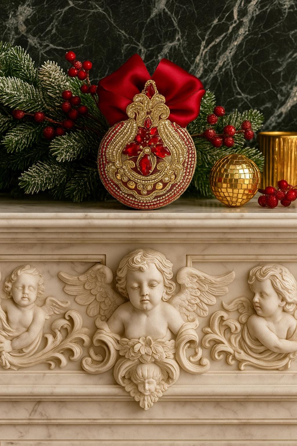 Handmade Red Velvet Christmas Ornament: Elegant Gold Rhinestone Bauble