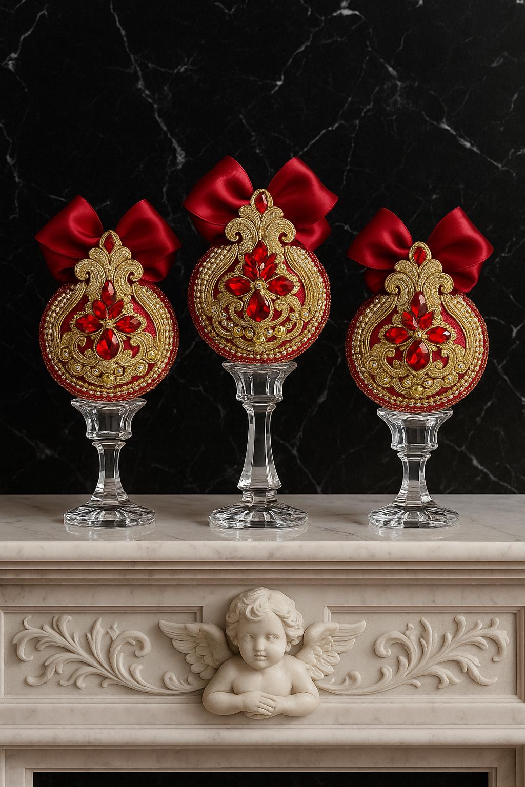 Handmade Red Velvet Christmas Ornament: Elegant Gold Rhinestone Bauble