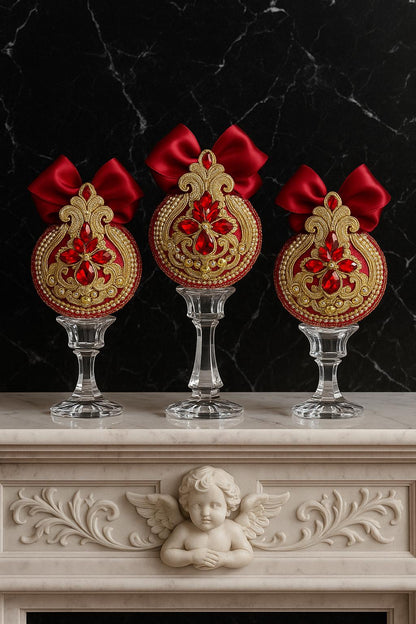 Handmade Red Velvet Christmas Ornament: Elegant Gold Rhinestone Bauble