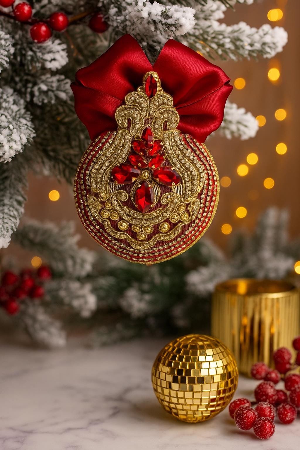 Handmade Red Velvet Christmas Ornament: Elegant Gold Rhinestone Bauble