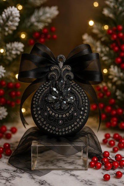 Gothic Black Cat Ornament: Handmade Velvet Rhinestone Bauble