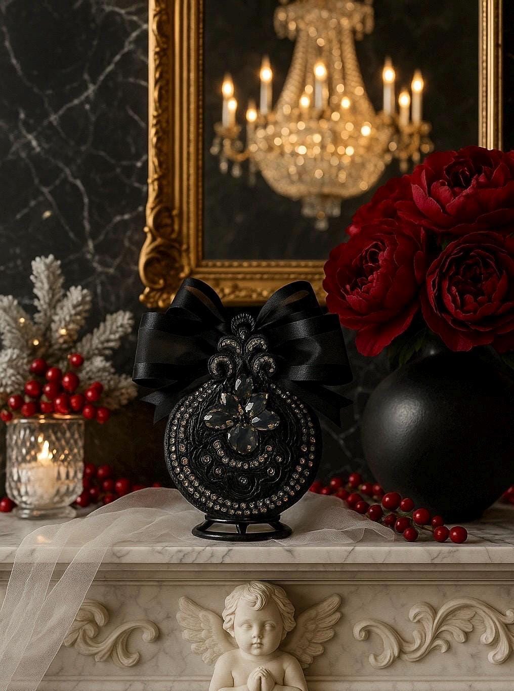 Gothic Black Cat Ornament: Handmade Velvet Rhinestone Bauble