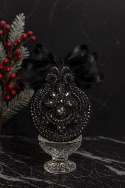 Gothic Black Cat Ornament: Handmade Velvet Rhinestone Bauble