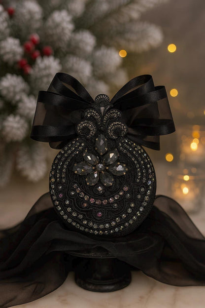 Gothic Black Cat Ornament: Handmade Velvet Rhinestone Bauble