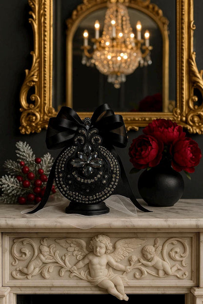 Gothic Black Cat Ornament: Handmade Velvet Rhinestone Bauble