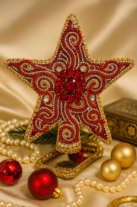 Luxury Jeweled Star Christmas Tree Topper: Red & Gold Holiday Decor