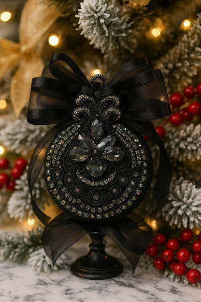 Gothic Black Cat Ornament: Handmade Velvet Rhinestone Bauble