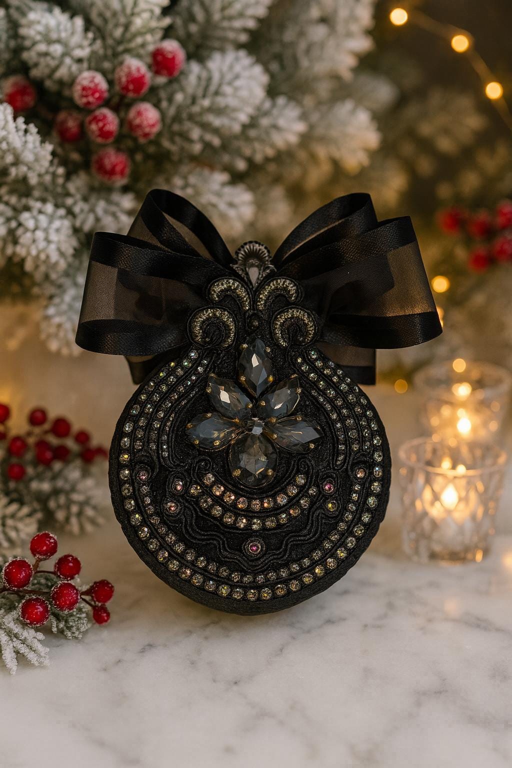Gothic Black Cat Ornament: Handmade Velvet Rhinestone Bauble