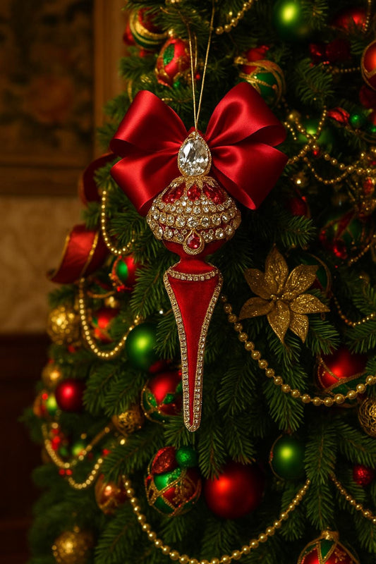 Luxury Red Velvet Finial Ornament | Elegant Rhinestone Christmas Ornament | Handmade Jeweled Holiday Decor | LaysDecor Gift Ornament