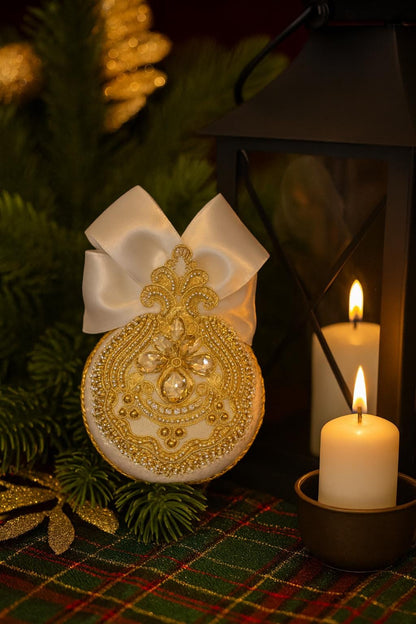 Handmade White Velvet Christmas Ornaments: Luxury Gold Decor