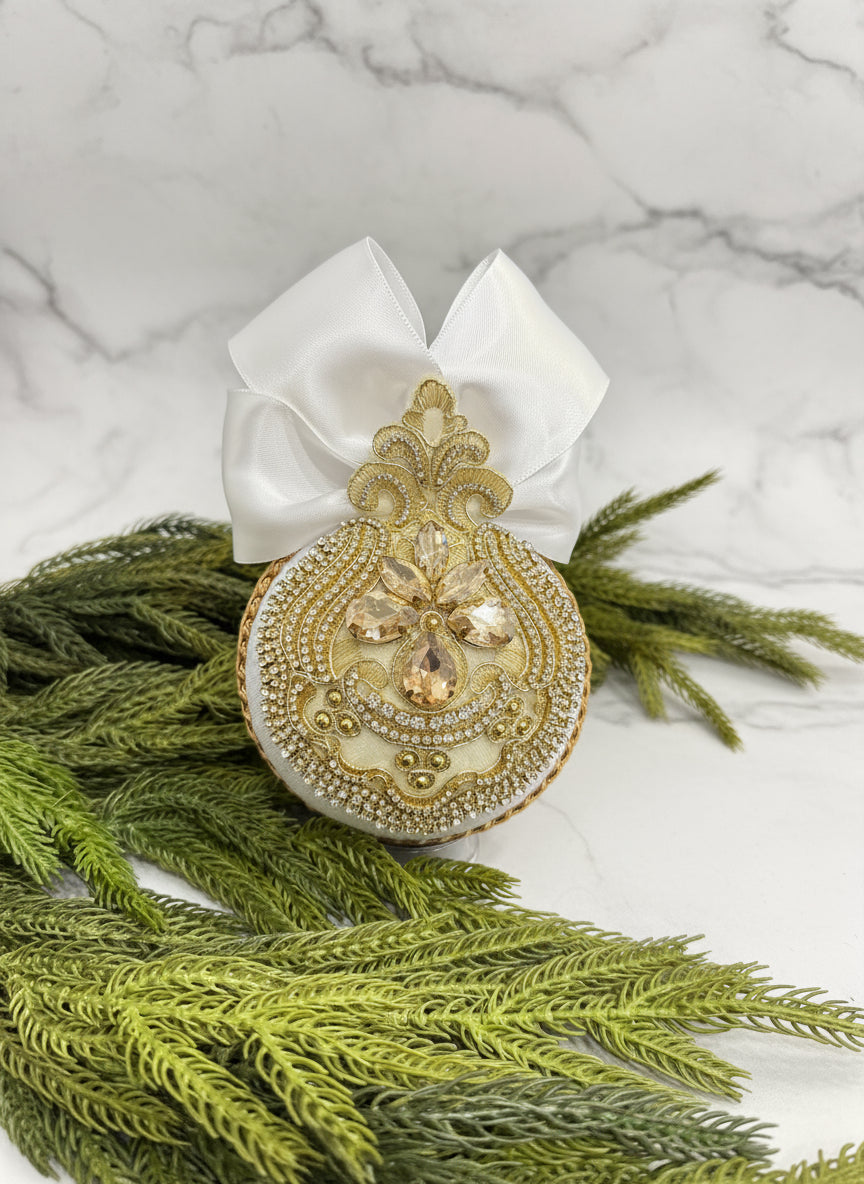 Handmade White Velvet Christmas Ornaments: Luxury Gold Decor