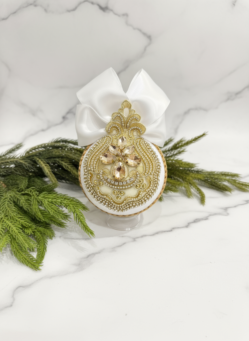 Handmade White Velvet Christmas Ornament | Gold & Champagne Holiday Decor | Luxury Elegant Bauble by LaysDecor