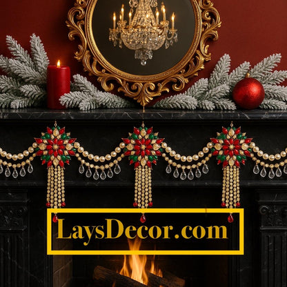 Luxury Christmas Mantel Garland | Red Green Gold Rhinestone Fireplace Swag | Pearl Holiday Garland | Elegant Handmade Christmas Decor