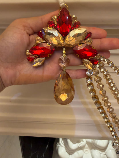 Jeweled Christmas Tree Swag, Crystal Mantel Garland, Fireplace Decor, Red Champagne Holiday Decor, Luxury Handmade Crystal Swag
