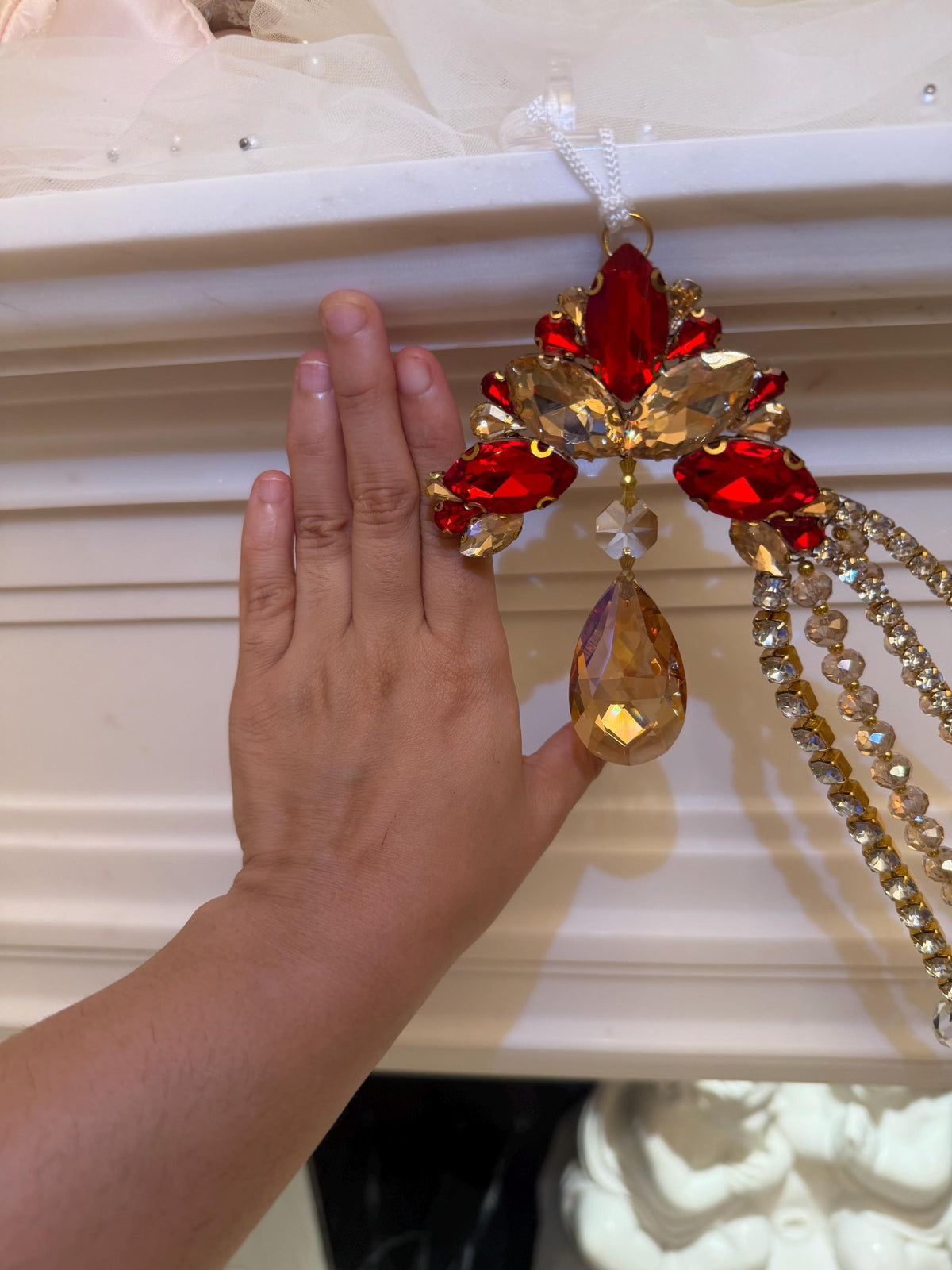 Jeweled Christmas Tree Swag, Crystal Mantel Garland, Fireplace Decor, Red Champagne Holiday Decor, Luxury Handmade Crystal Swag