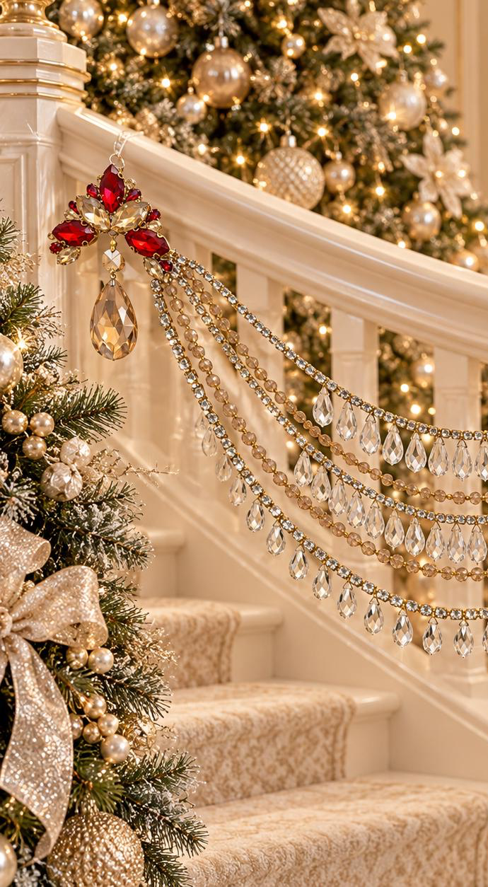 Jeweled Christmas Tree Swag, Crystal Mantel Garland, Fireplace Decor, Red Champagne Holiday Decor, Luxury Handmade Crystal Swag