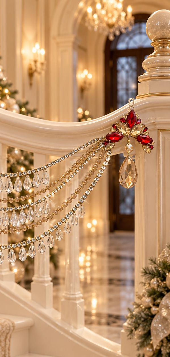 Jeweled Christmas Tree Swag, Crystal Mantel Garland, Fireplace Decor, Red Champagne Holiday Decor, Luxury Handmade Crystal Swag