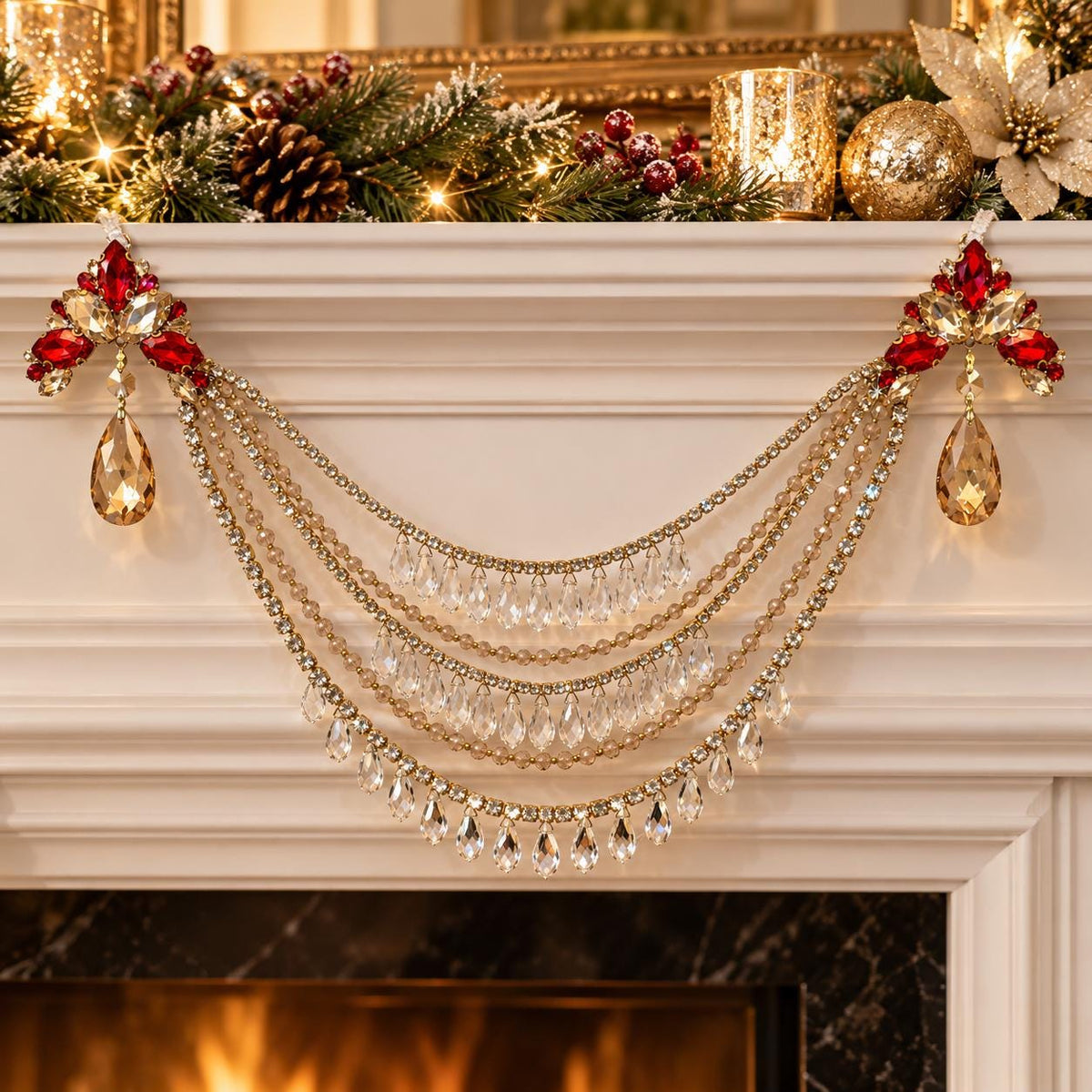 Jeweled Christmas Tree Swag, Crystal Mantel Garland, Fireplace Decor, Red Champagne Holiday Decor, Luxury Handmade Crystal Swag