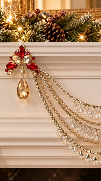 Jeweled Christmas Tree Swag, Crystal Mantel Garland, Fireplace Decor, Red Champagne Holiday Decor, Luxury Handmade Crystal Swag