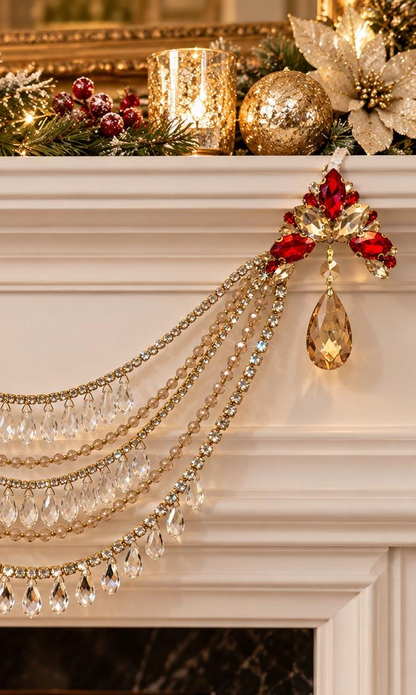 Jeweled Christmas Tree Swag, Crystal Mantel Garland, Fireplace Decor, Red Champagne Holiday Decor, Luxury Handmade Crystal Swag