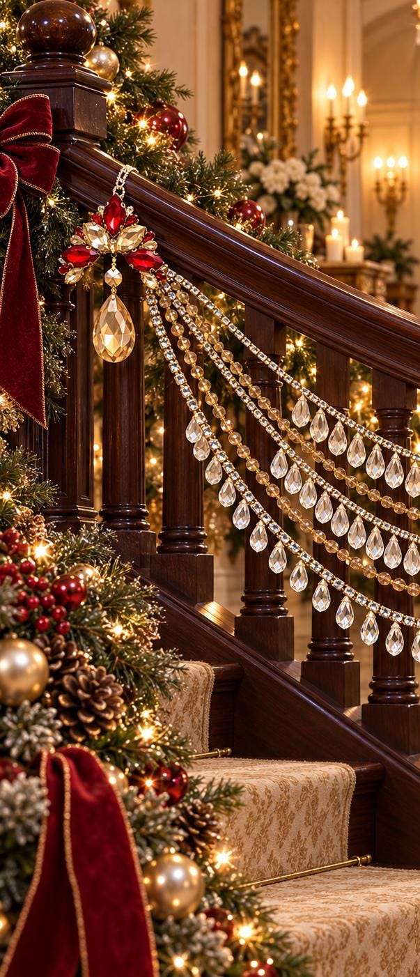 Jeweled Christmas Tree Swag, Crystal Mantel Garland, Fireplace Decor, Red Champagne Holiday Decor, Luxury Handmade Crystal Swag