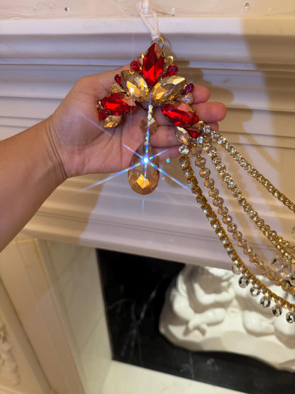 Jeweled Christmas Tree Swag, Crystal Mantel Garland, Fireplace Decor, Red Champagne Holiday Decor, Luxury Handmade Crystal Swag