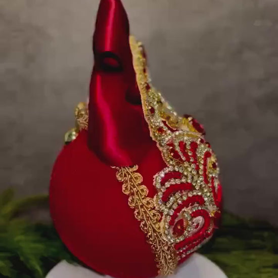 Handmade Red Velvet Christmas Ornament: Gold Lace Rhinestone Bauble