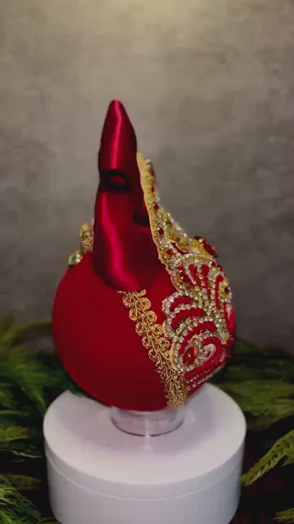 Handmade Red Velvet Christmas Ornament: Gold Lace Rhinestone Bauble