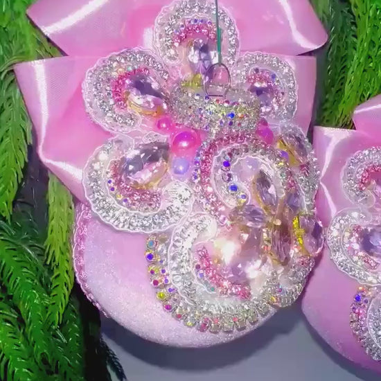 Handmade Pink Velvet Christmas Ornament: Rhinestone & Lace Bauble
