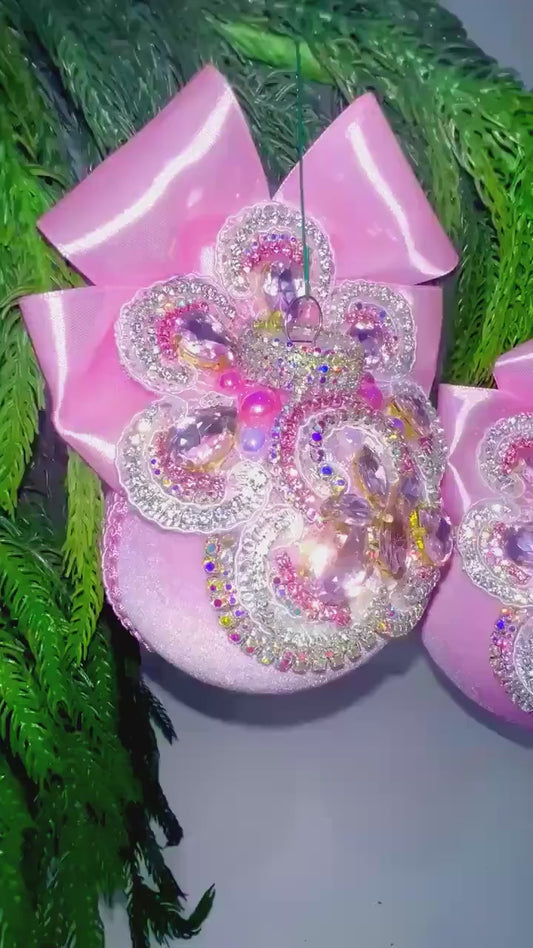 Handmade Pink Velvet Christmas Ornament: Rhinestone & Lace Bauble