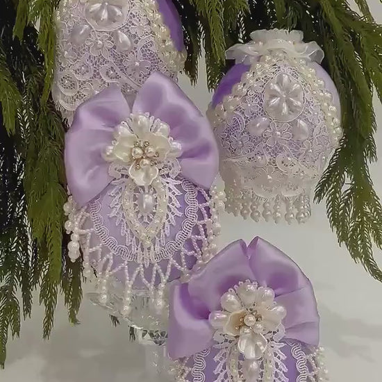 Lavender Christmas Ornaments: Victorian Lace & Pearl Holiday Decor (Set of 4)