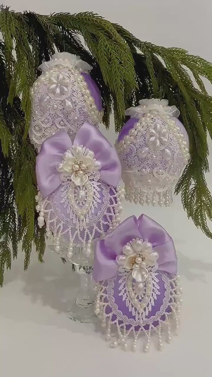 Lavender Christmas Ornaments: Victorian Lace & Pearl Holiday Decor (Set of 4)