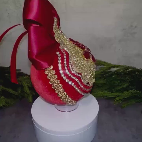 Handmade Red Velvet Christmas Ornament: Elegant Gold Rhinestone Bauble