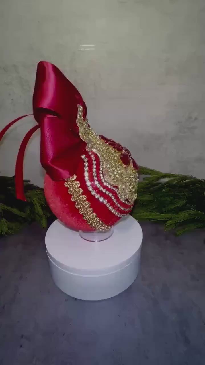 Handmade Red Velvet Christmas Ornament: Elegant Gold Rhinestone Bauble
