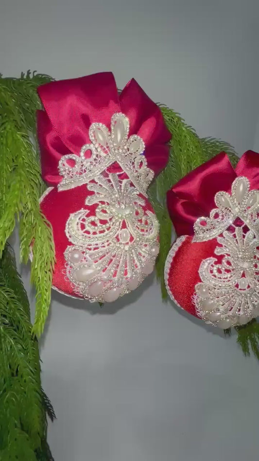 Handmade Velvet Christmas Ornament: Red, White, and Pearl Bauble