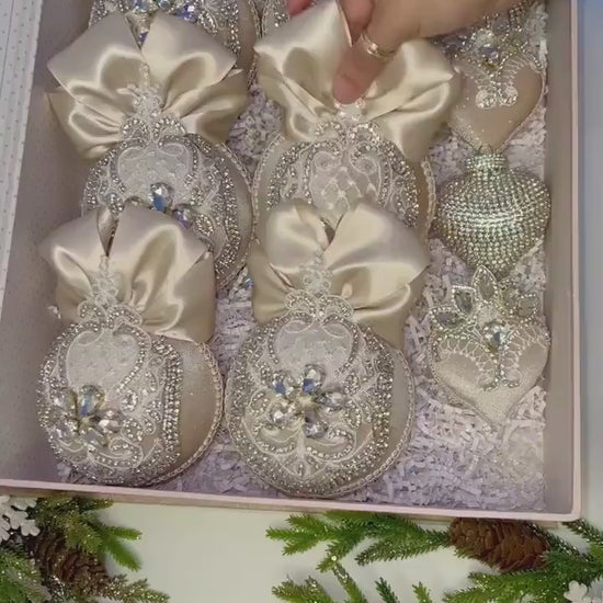 Handmade Beige Christmas Ornament: Rhinestone Holiday Decor