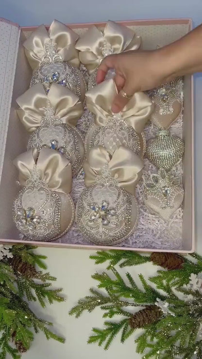 Handmade Beige Christmas Ornament: Rhinestone Holiday Decor