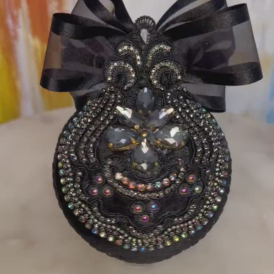 Gothic Black Cat Ornament: Handmade Velvet Rhinestone Bauble