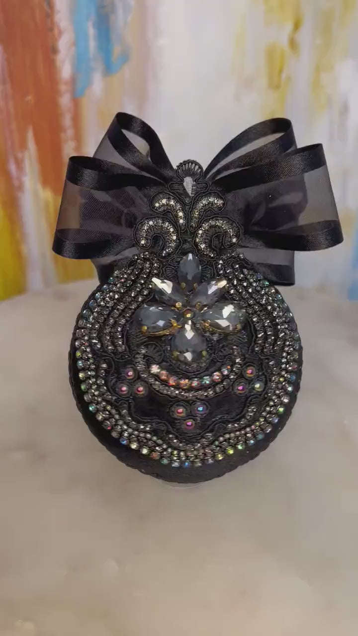 Gothic Black Cat Ornament: Handmade Velvet Rhinestone Bauble