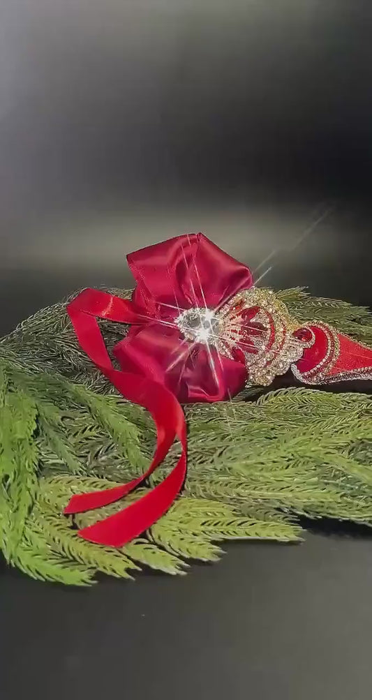 Luxury Red Velvet Finial Ornament | Elegant Rhinestone Christmas Ornament | Handmade Jeweled Holiday Decor | LaysDecor Gift Ornament