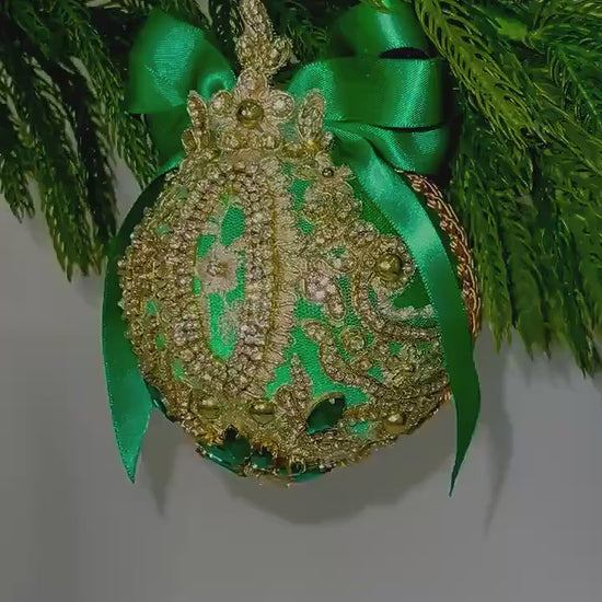 Handmade Green Velvet Christmas Ornament: Victorian Gold Lace Bauble