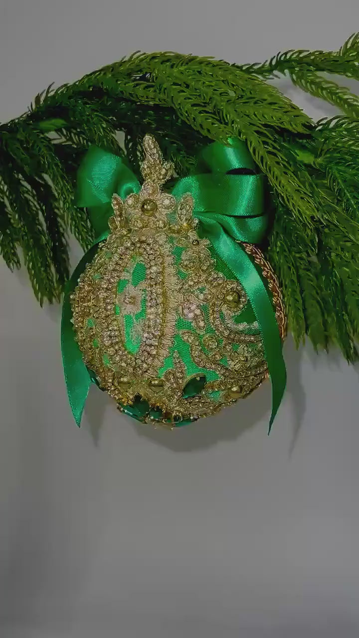 Handmade Green Velvet Christmas Ornament: Victorian Gold Lace Bauble