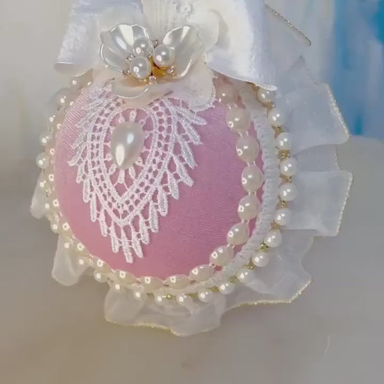 Dusty Pink Christmas Ornament Set: Handmade Pearl & Lace Holiday Baubles