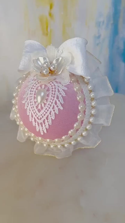 Dusty Pink Christmas Ornament Set: Handmade Pearl & Lace Holiday Baubles