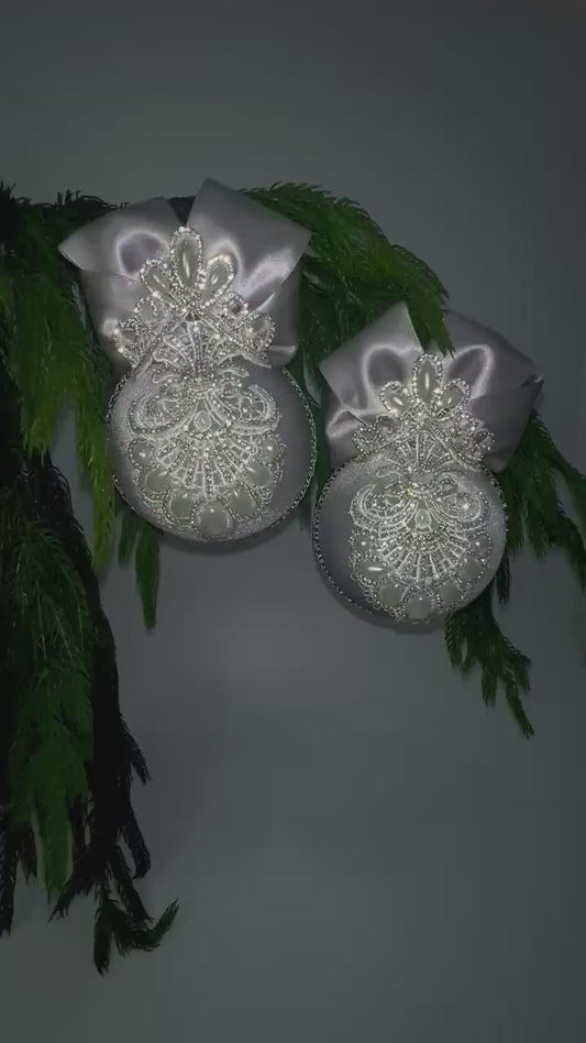 Handmade Velvet Christmas Ornament: Silver, Pearl & Lace Bauble