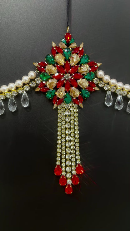 Luxury Red Green & Gold Jeweled Christmas Garland | Handmade Crystal Holiday Mantel Swag | Elegant Pearl Rhinestone Decor by LaysDecor